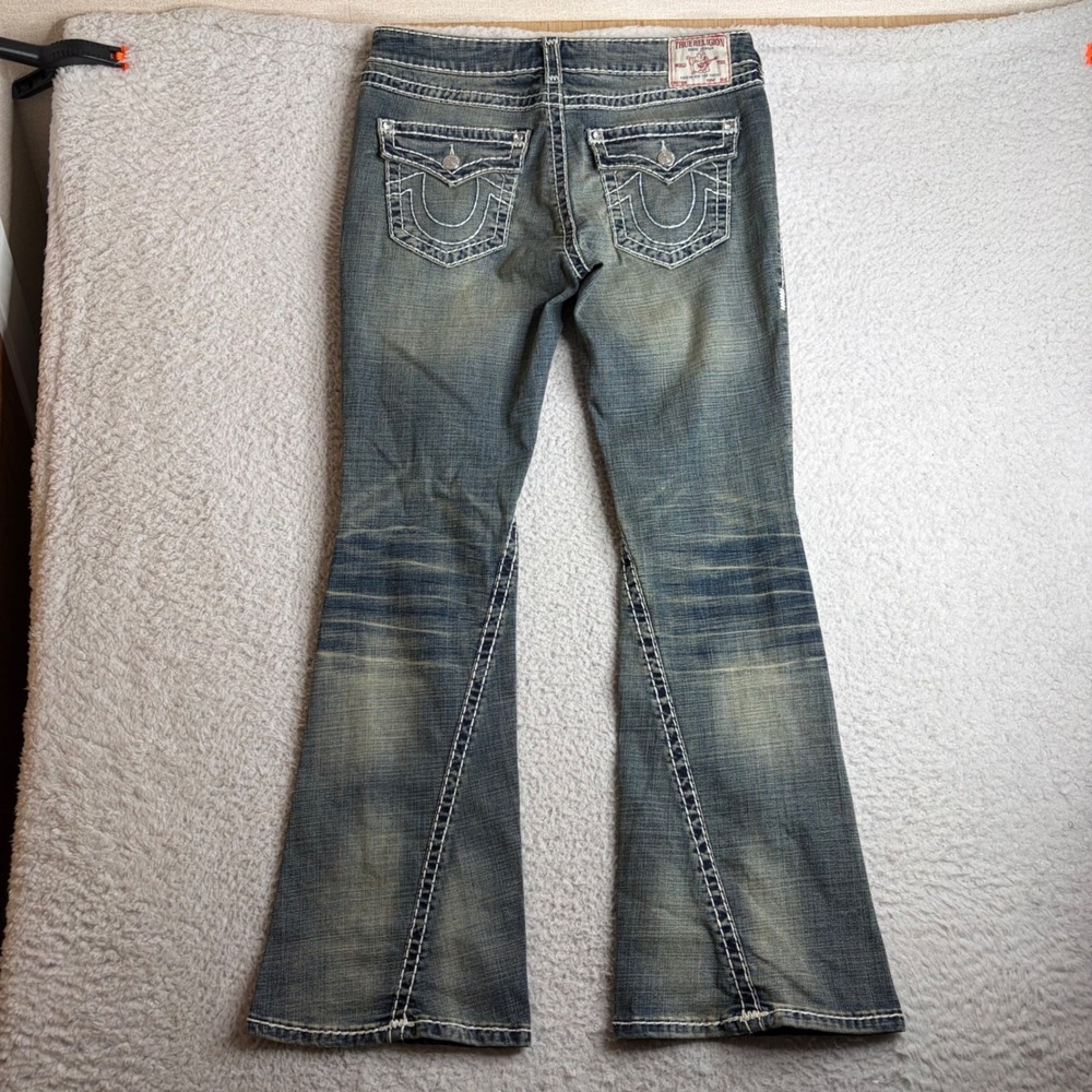 True Religion Joey Low Rise Flare Jeans Blue Wash Thick Stitch 31 (33x32)